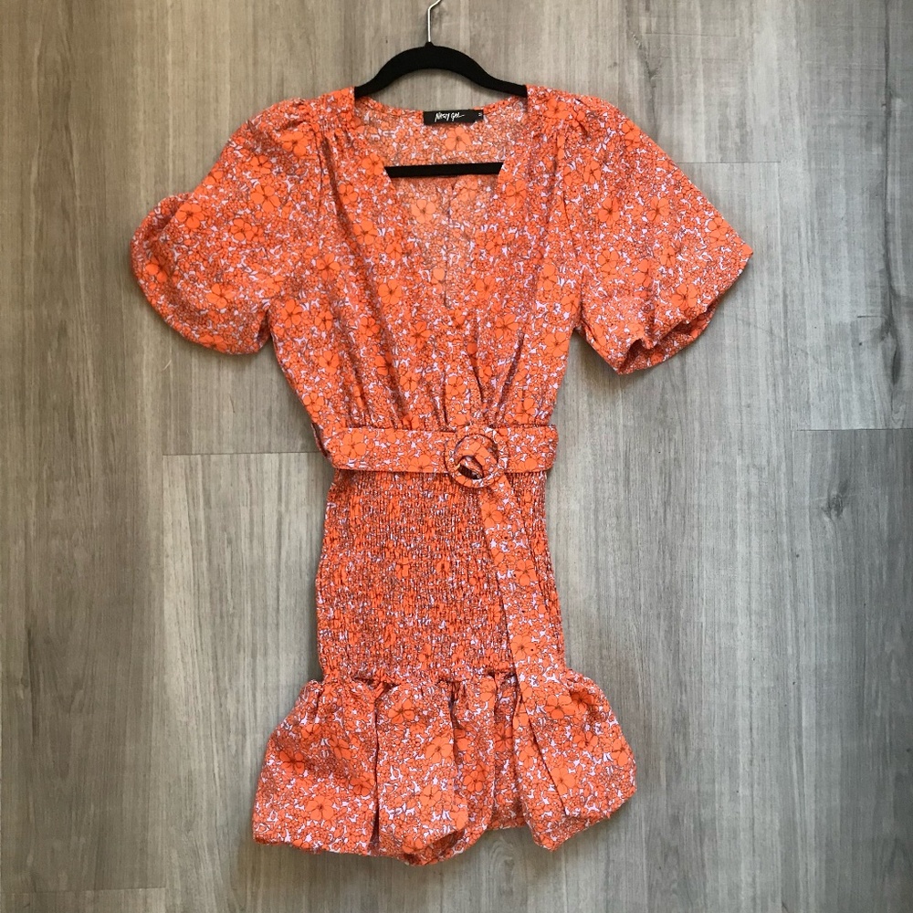 Nasty Gal Puff Sleeve Orange Floral Print Mini Dress, Size M